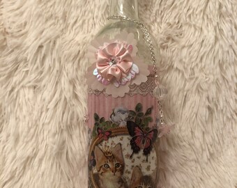pretty cute kittens & butterfly pink wine bottle light