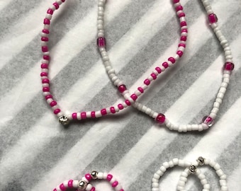 pippi - pink and white bracelet and toe ring/ring set