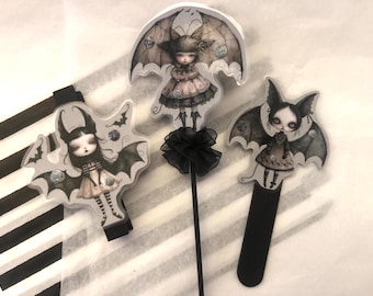 gothic vampire bat fairy flower or plant pot decorations and matching peg with glitter and glow in dark detail