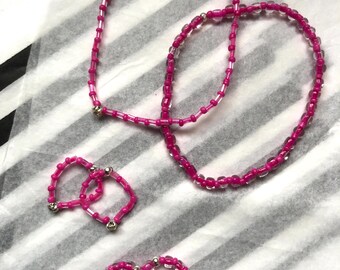 mon chéri - cerise pink bead bracelet and toe ring/ring set