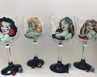 zombie pin ups set of 4 gin glasses hand painted