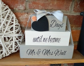 Wedding Countdown Blocks, Personalised Solid Wood Weeks or Days until, Engagement Gift, H 21cms x D 4cms  x W 25 cms , FAST DISPATCH