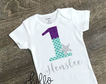 First Birthday outfit girl, Mermaid first birthday, Cake Smash outfit, Mermaid birthday outfit, Personalized shirt, Little mermaid Seashells