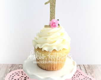 First Birthday Girl, Woodlands birthday, Cupcake toppers, Cake smash prop, Cupcake pick, One cake Topper, 1 Cupcake topper, Floral Crown One