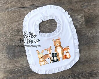 Woodland animals bib, First Birthday Outfit Girl, First birthday bib, Girls first birthday outfit, Cake smash outfit, Baby shower gift, fox