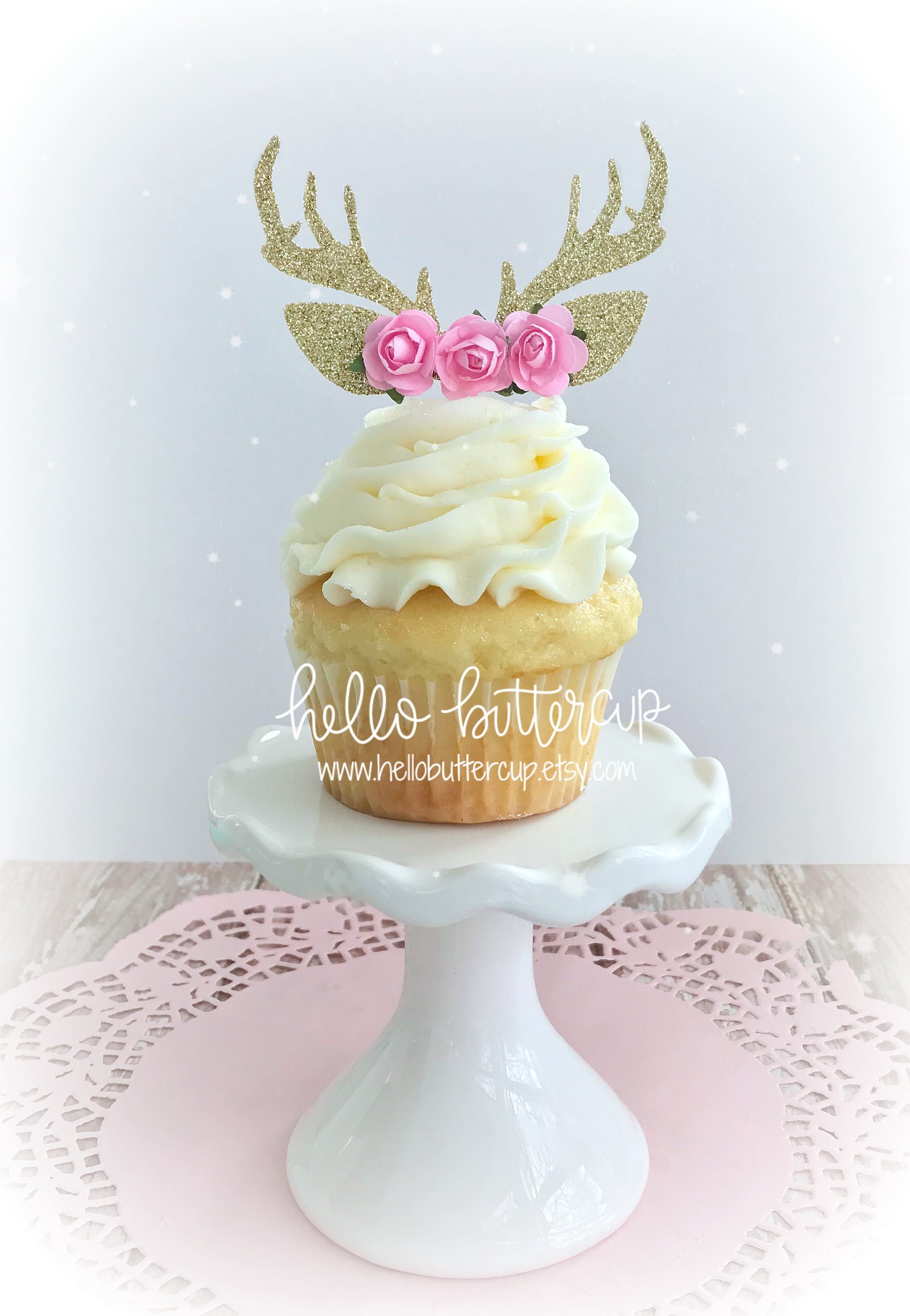Set of 12 Gold Glitter Boho Deer with Antlers Cupcake Toppers 