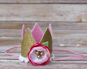 Pink and Gold Glitter Crown - Cake smash photo prop - Gold Birthday Crown - Gold glitter crown headband - Pink crown headband -