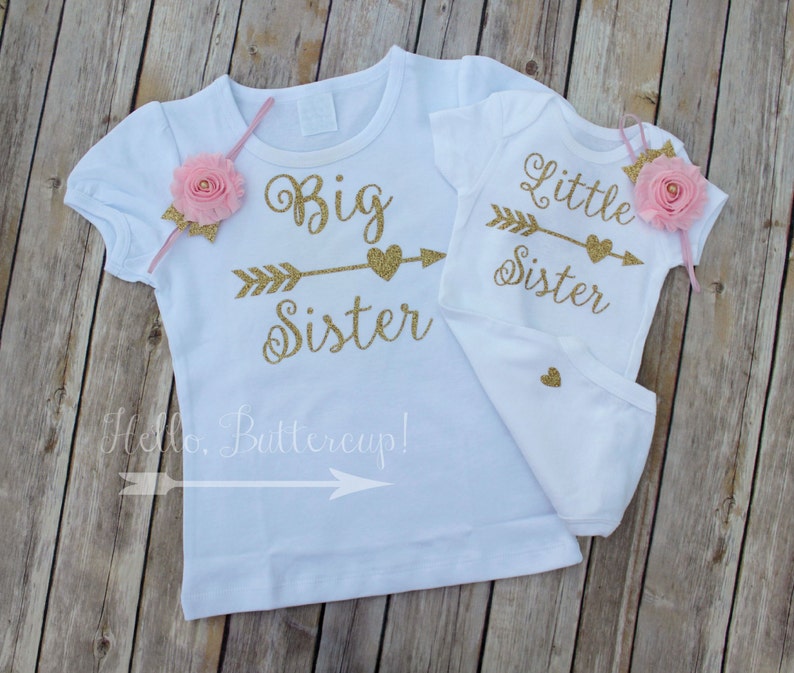 Big Sister Shirt, Little Sister bodysuit & Headband, Matching Sister set, Gold glitter take home outfit, Coming Home outfit, Newborn outfit 