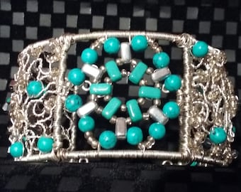 Wire wrapped filigree cuff bracelet - faux turquoise, blue howlite - silver colored copper- Turquoise Sun