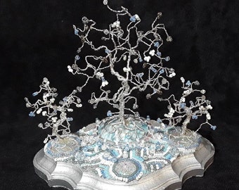 Wire Bonsai Tree, 'Winter Woods', glass bead embroidery, crystals