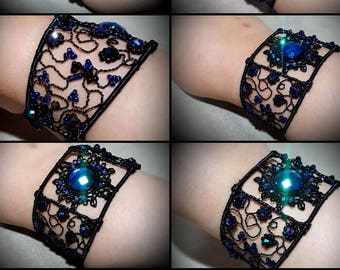 Wire wrapped filigree cuff bracelet - crystal and glass beads - silver plated copper- 'Sorceress' Bangle'