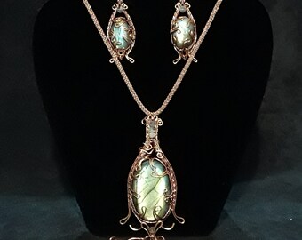 Wire wrapped necklace set, ooak, 'Oracle's Amulet', bracelet, earrings