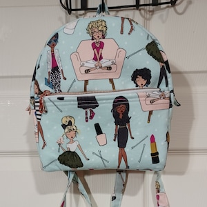 Mini backpack purse, shoulder bag, convertible straps, fashion girl print, rose gold hardware