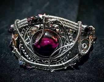 Wire woven cuff bracelet with Swarovski crystals, ooak, 'Dragon Tamer's Bangle'