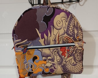 Mini backpack purse, shoulder bag, convertible straps, dragon print, tattoo print