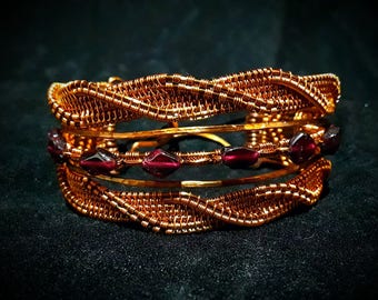 Garnet wire wrapped cuff bracelet, ooak, 'Renaissance Princess'