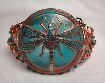 Wire woven cuff bracelet with Czech glass beads, ooak, 'Dragonfly'
