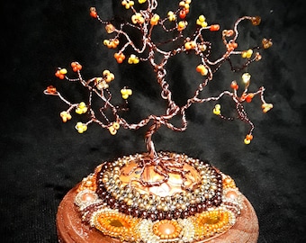 Wire Bonsai Tree, 'Autumn Leaves', glass bead embroidery, rhinestones