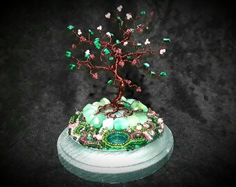 Wire Bonsai Tree, 'May Garden', semiprecious stones - malachite, adventurine, kambaba jasper, and glass beads