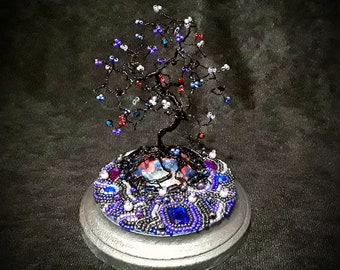 Wire Bonsai Tree, 'Midnight Cherry Blossoms', glass bead embroidery, rhinestones