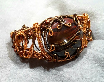 Tiger Iron, wire woven cuff bracelet with Czech glass beads, ooak, 'Desert Sunset'