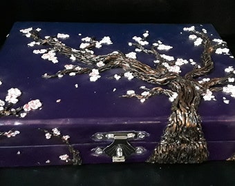 Polymer clay card box, 'Midnight Cherry Blossoms', ooak