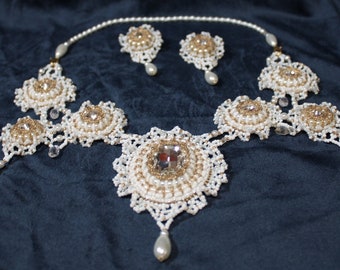 Bead embroidered necklace and earring set, ooak, 'Victoria'