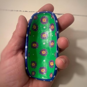 Cute Ring Dish Oval Shape Green With Purple Flowers - Ceramic Jewelry Bowl