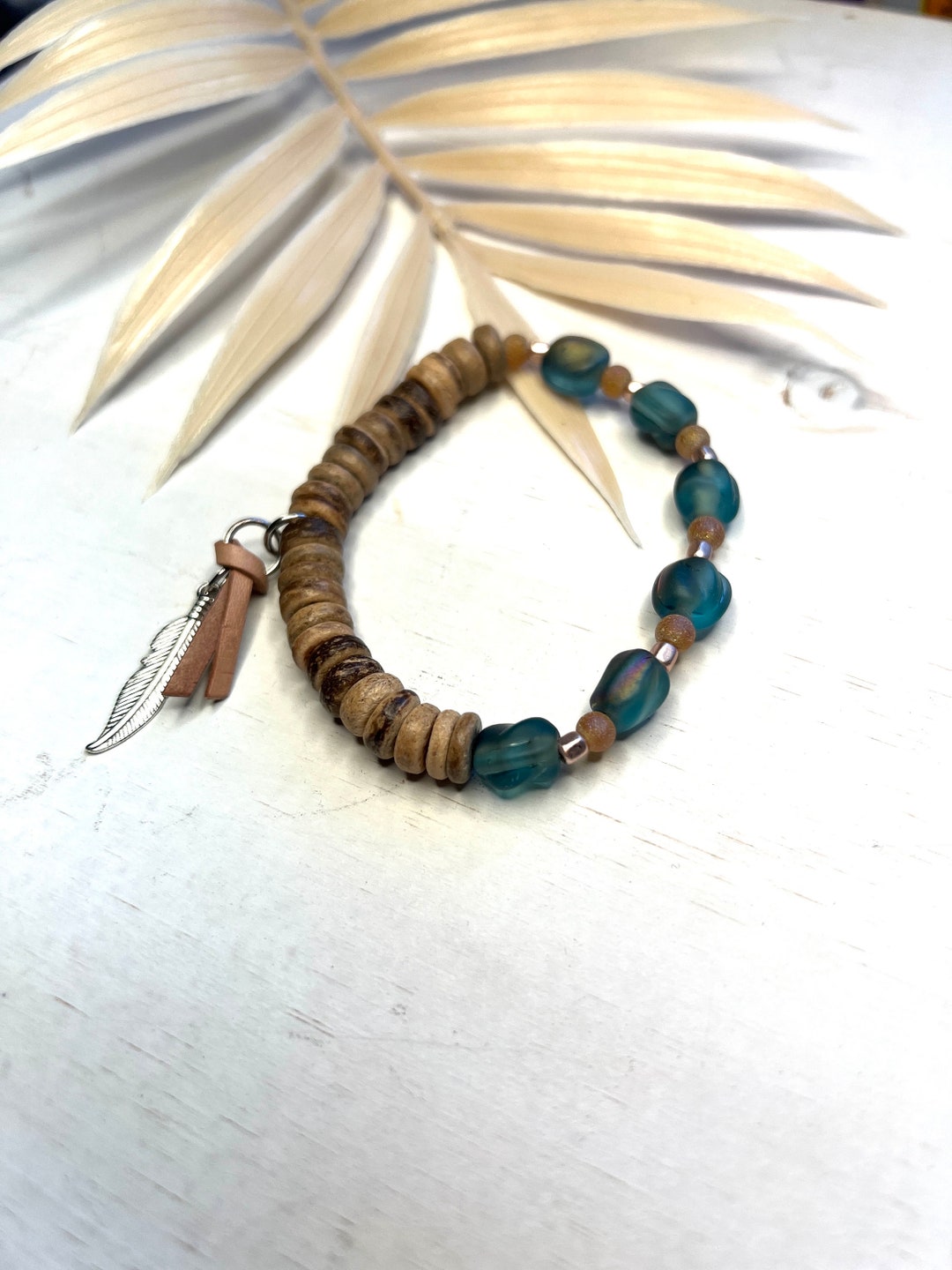 Wide Multicolored Resin and Wood Bracelet in Teal and Rose