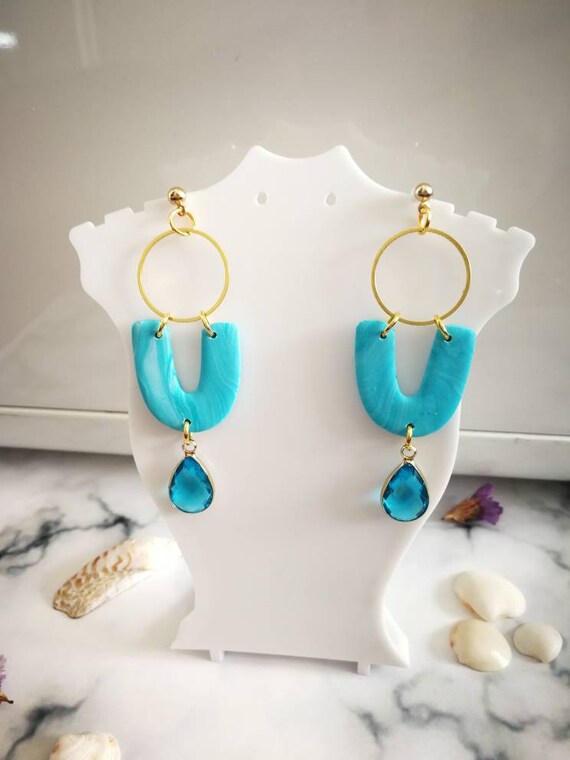 Pendientes arcilla azul con cristal de lágrima - Etsy España