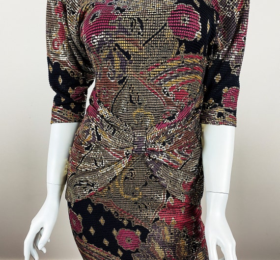 1980s METALLIC MOSAIC dress, Vintage Floral 80s B… - image 4