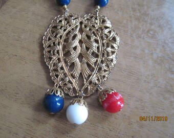 Beaded pendant necklace / red, white, blue beaded necklace