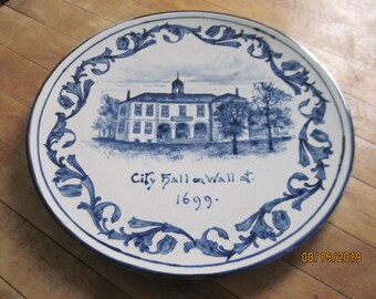 Volkmar blue commemorative plate - Blue decorative plate - City Hall on Wall St, NY 1699