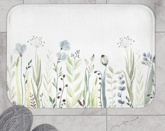 Green Floral Bath Mat, Green Bath Rug, Boho Bathroom Decor, Minimalist Bathroom Decor, Bathroom Rug, Green Flowers Rug for Bathroom