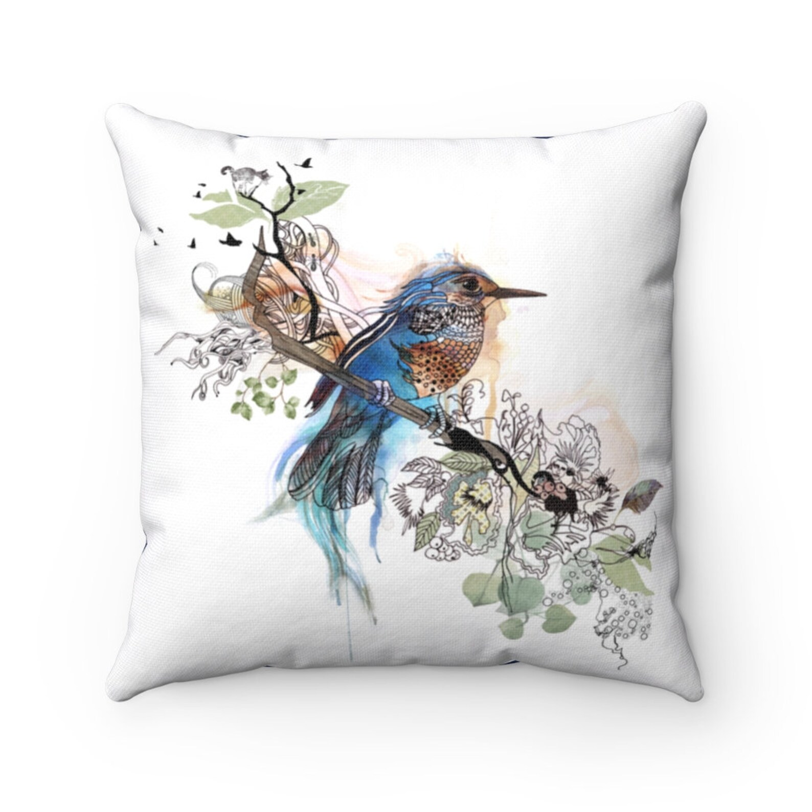 Blue Bird Decorative Pillow, Blue Pillow Cover, Double Sided Pillow
