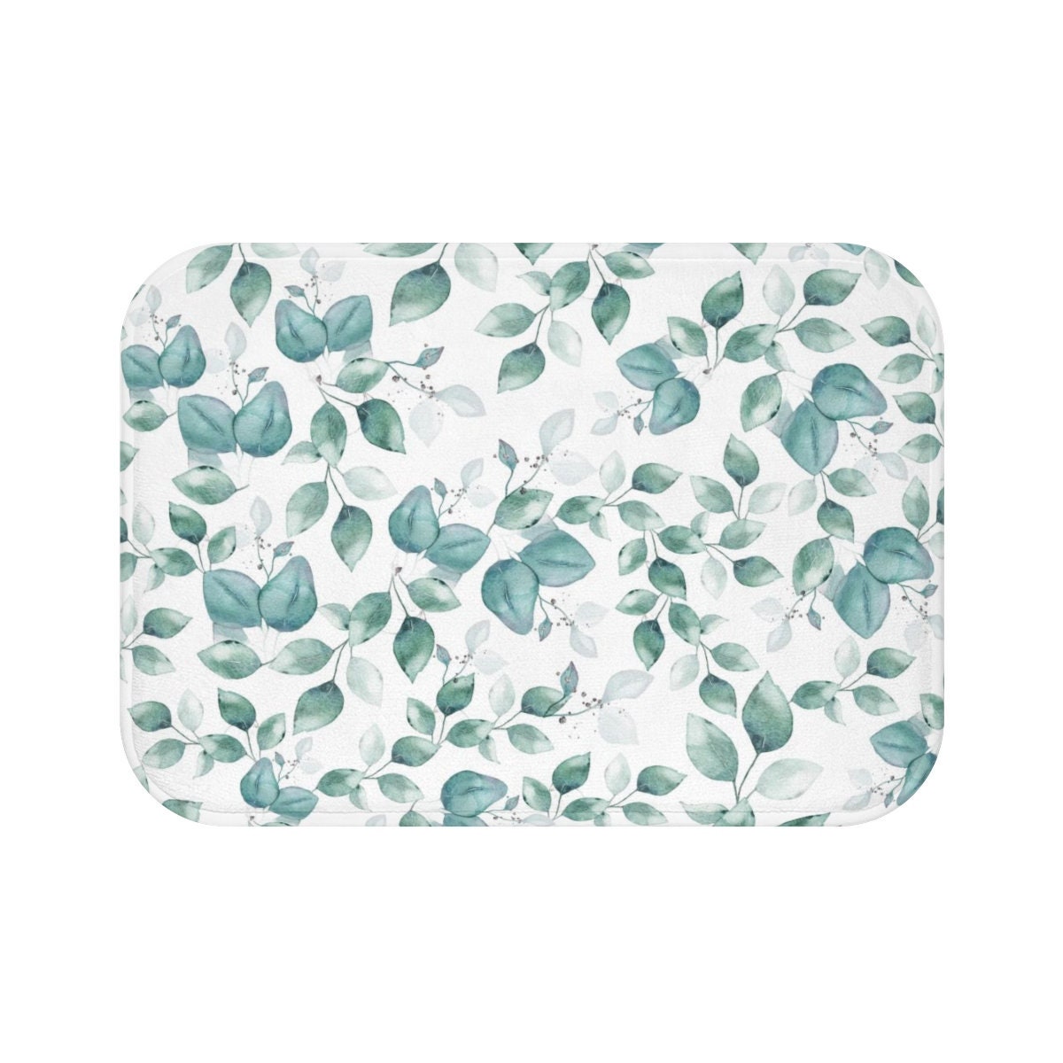 Blue Bath Mat, Leaves Pattern Bath Mat, Bathroom Set, Watercolor