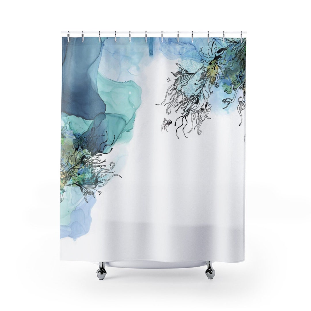 Blue Watercolor Shower Curtain, Modern Bathroom Decor, Navy Blue Shower