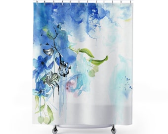 blue shower curtain, blue abstract shower curtain, modern bathroom decor, watercolor flower shower curtain, shower curtains blue