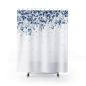 Blue Leaves Shower Curtain, Bath Curtain, Blue Bathroom Decor, Boho Shower Curtain, Minimalist Shower Curtain, Bath Decor image 1
