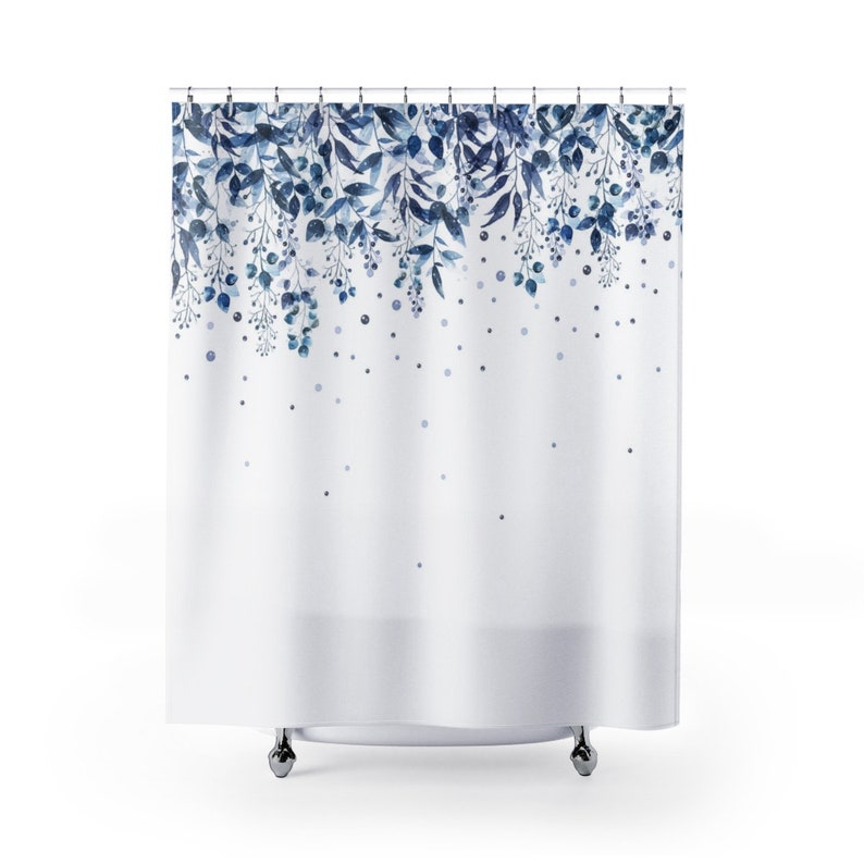 Blue Leaves Shower Curtain, Bath Curtain, Blue Bathroom Decor, Boho Shower Curtain, Minimalist Shower Curtain, Bath Decor image 1