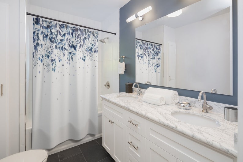 Blue Leaves Shower Curtain, Bath Curtain, Blue Bathroom Decor, Boho Shower Curtain, Minimalist Shower Curtain, Bath Decor image 2