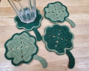 Set of 4 Shamrock Drink Coasters. Four-Leaf Clover crochet coasters. 100% cotton. Washable.