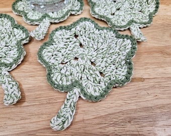 Set of 4 Shamrock Drink Coasters. Four-Leaf Clover crochet coasters. 100% cotton. Washable.