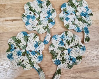 Set of 4 Shamrock Drink Coasters. Four-Leaf Clover crochet coasters. 100% cotton. Washable.
