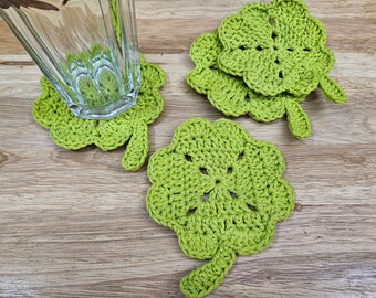 Set of 4 Shamrock Drink Coasters. Four-Leaf Clover crochet coasters. 100% cotton. Washable.