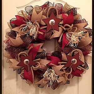 Rustic Star Burgundy, Burlap and Chocolate Deco Mesh Wreath/Burgundy, Burlap and Chocolate Wreath/Star Wreath/Rustic Wreath