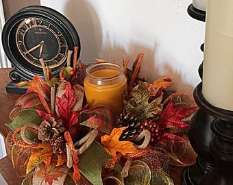15" Fall Candle Deco Mesh Arrangement/Fall Arrangement/Autumn Candle Centerpiece