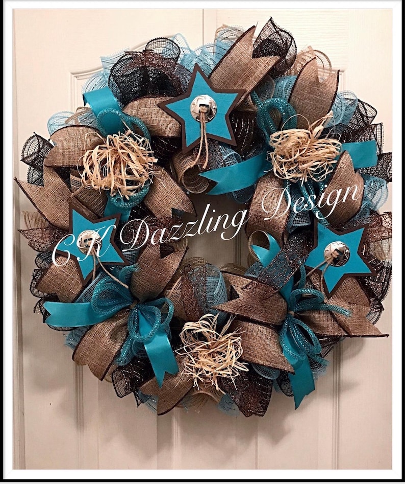 Turquoise Star Burlap Wreath: Southwestern Cowboy Decor (25 inches) image 2