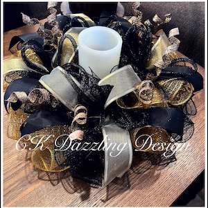 15” Gold and black deco mesh candle arrangement(candle not included)/Black and gold arrangement/Candle arrangement