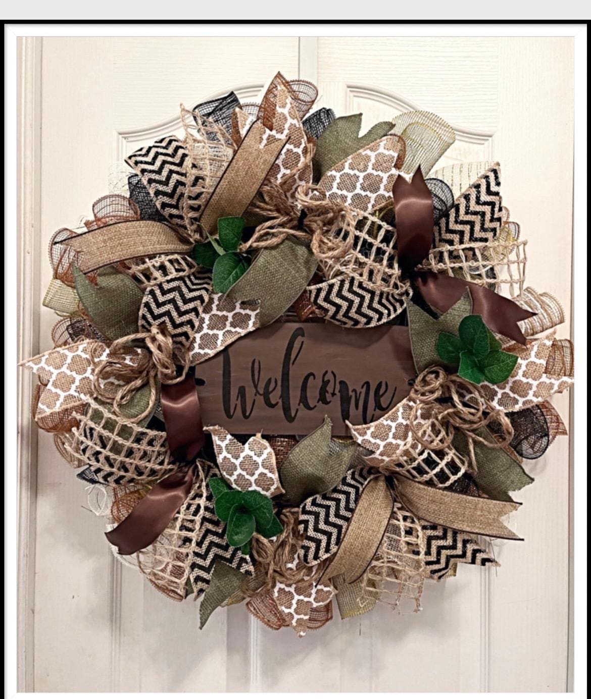 Welcome Everyday Brown, Cream, Black and Moss Deco Mesh Wreath